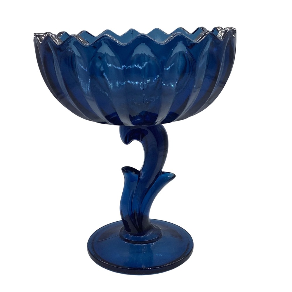 Vintage MCM Lotus Blossom Indiana Glass Compote Blue Tall Footed Candy Dish 8"
